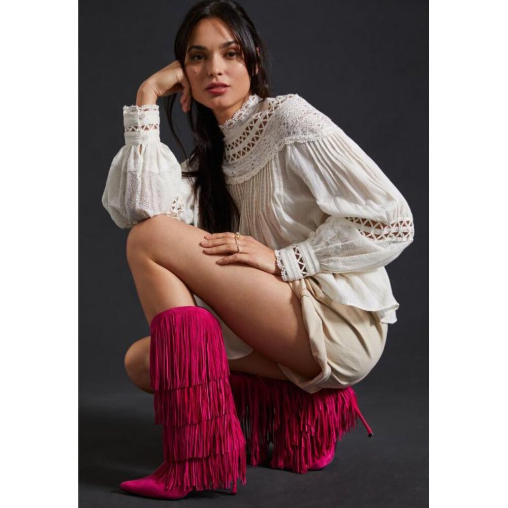 💋OBSESSED!💋 Genuine Leather Wildhorse Fringe Stiletto Boots in Fuchsia - Picture 3 of 13